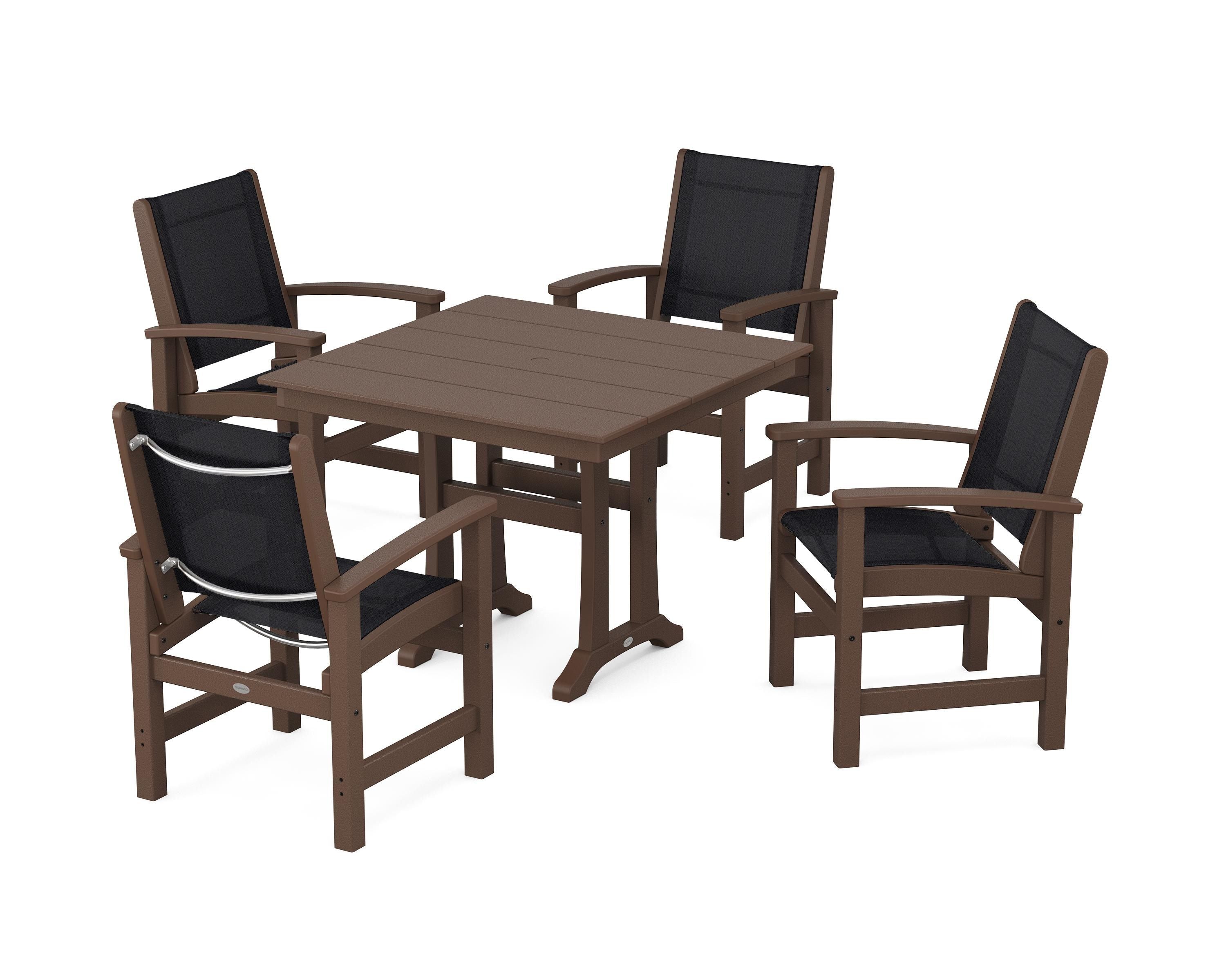 POLYWOOD® Coastal 5-Piece Farmhouse Dining Set With Trestle Legs in Mahogany / Black Sling