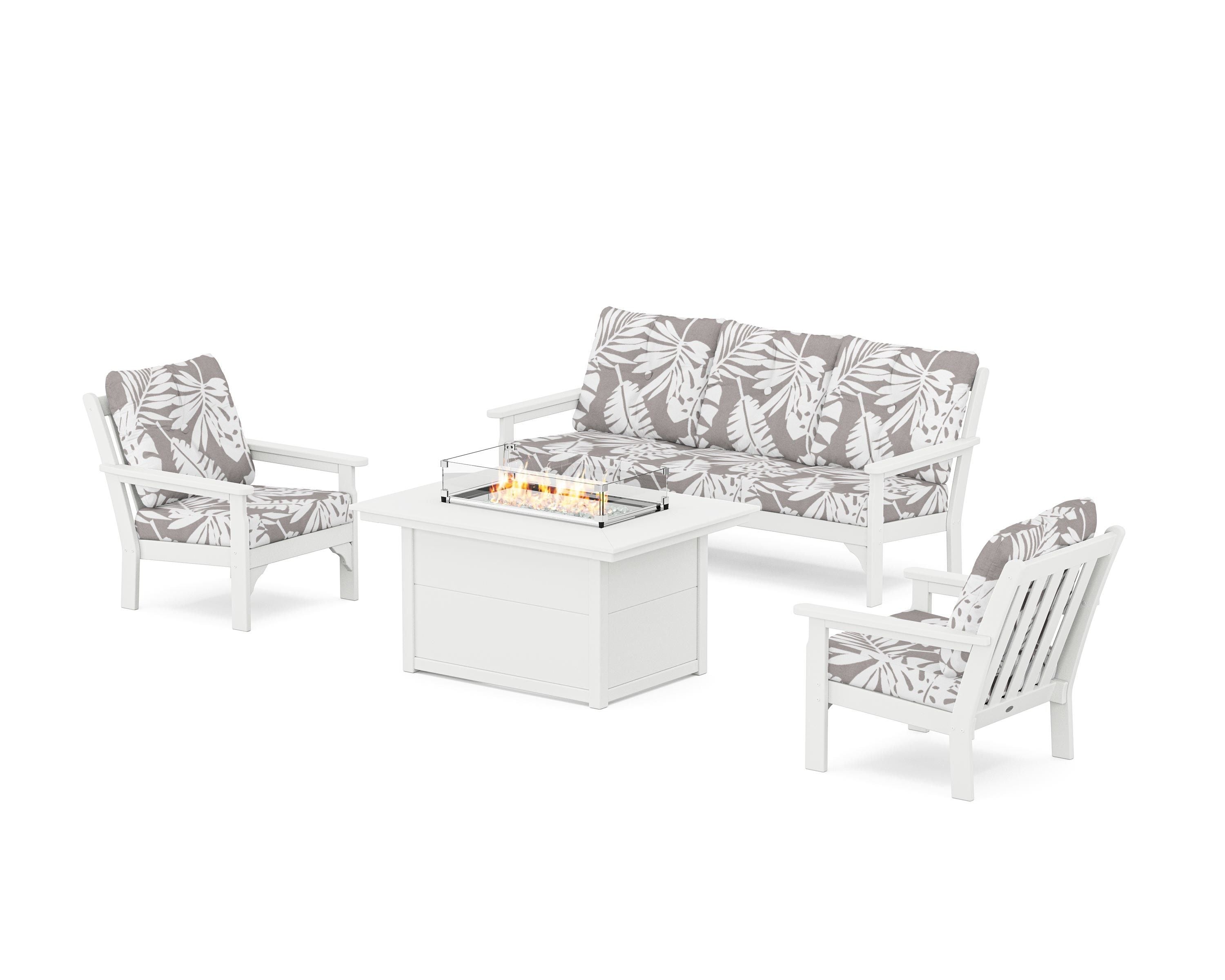 POLYWOOD® Vineyard Deep Seating Fire Pit Table Set in White / Leaf Grey Mist