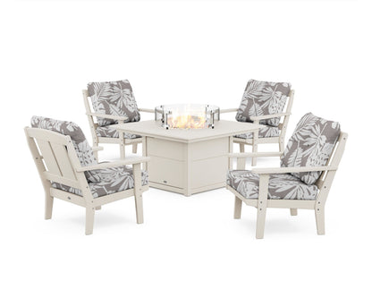POLYWOOD® Mission 5-Piece Deep Seating Set with Fire Pit Table in Sand / Leaf Grey Mist