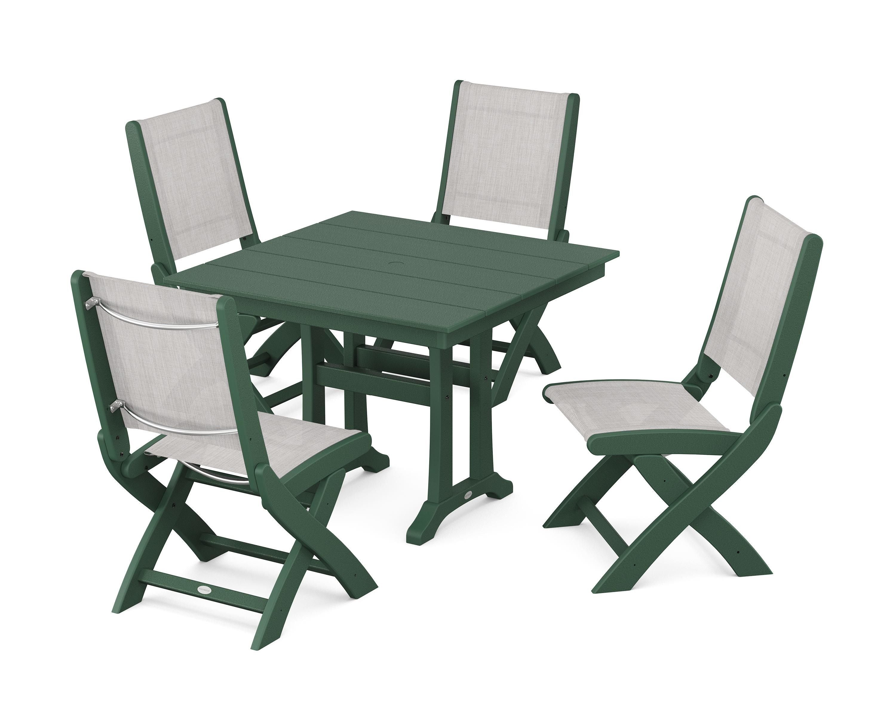 POLYWOOD® Coastal Folding Side Chair 5-Piece Farmhouse Dining Set With Trestle Legs in Green / Parchment Sling