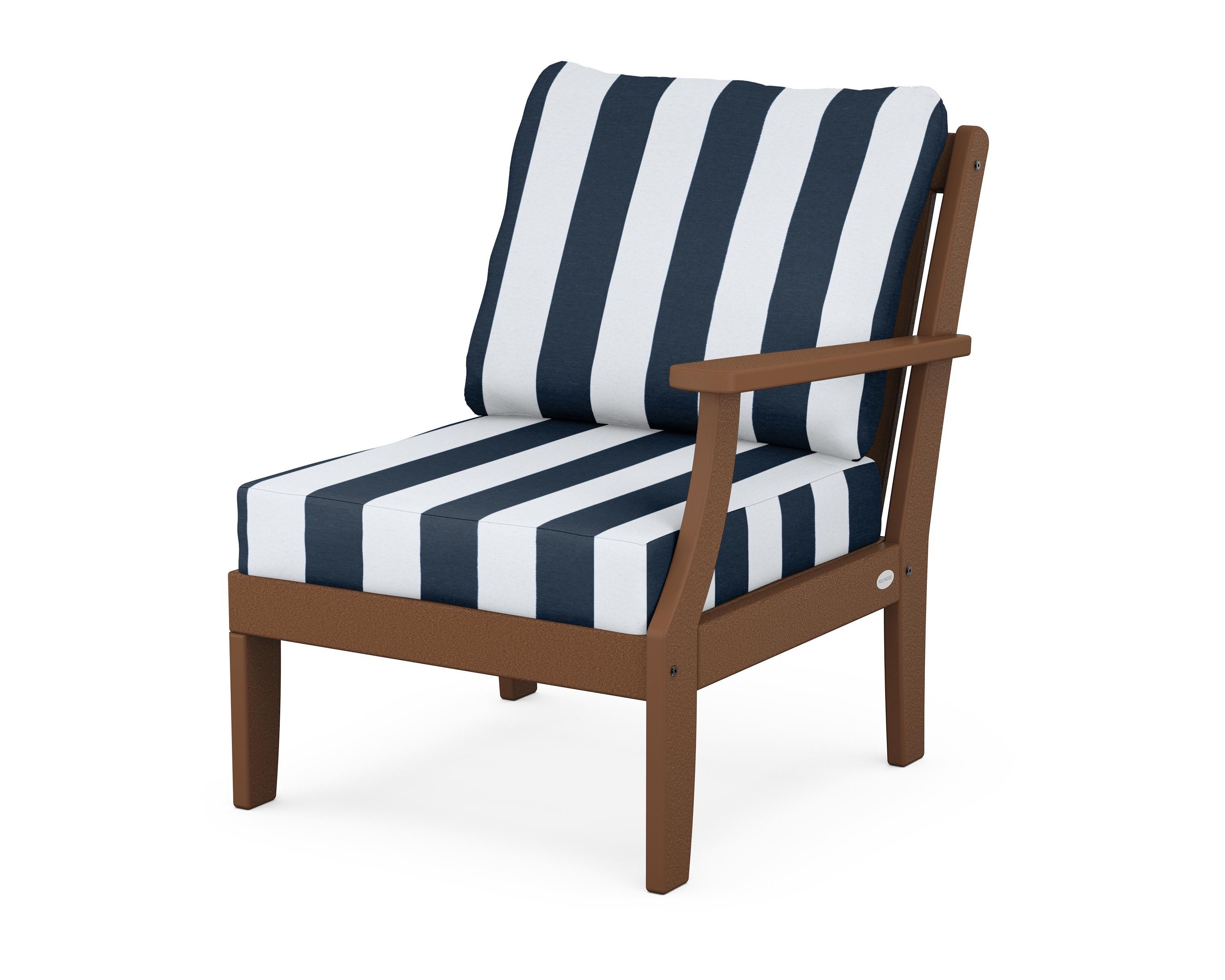 POLYWOOD® Braxton Modular Right Arm Chair in Teak / Cabana Stripe Marine Indigo