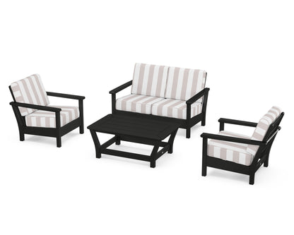 POLYWOOD® Harbour 4-Piece Deep Seating Set in Black / Cabana Stripe Dune Burlap