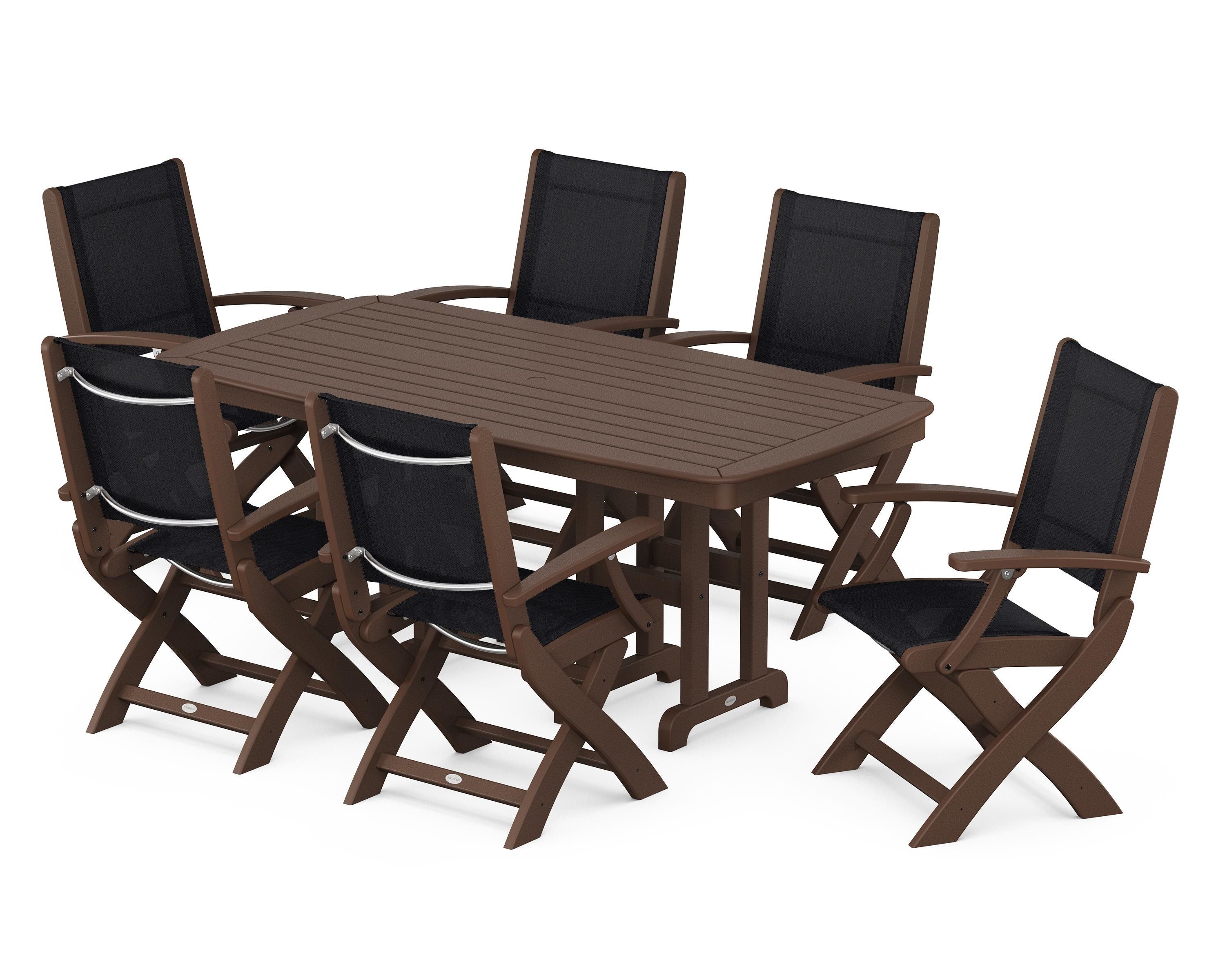 POLYWOOD® Coastal Folding Arm Chair 7-Piece Dining Set in Mahogany / Black Sling