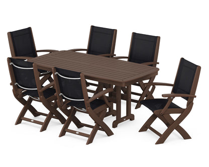 POLYWOOD® Coastal Folding Arm Chair 7-Piece Dining Set in Mahogany / Black Sling