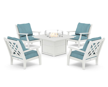 Country Living Wovendale 5-Piece Deep Seating Set with Fire Pit Table in White / Lattice Sky Blue