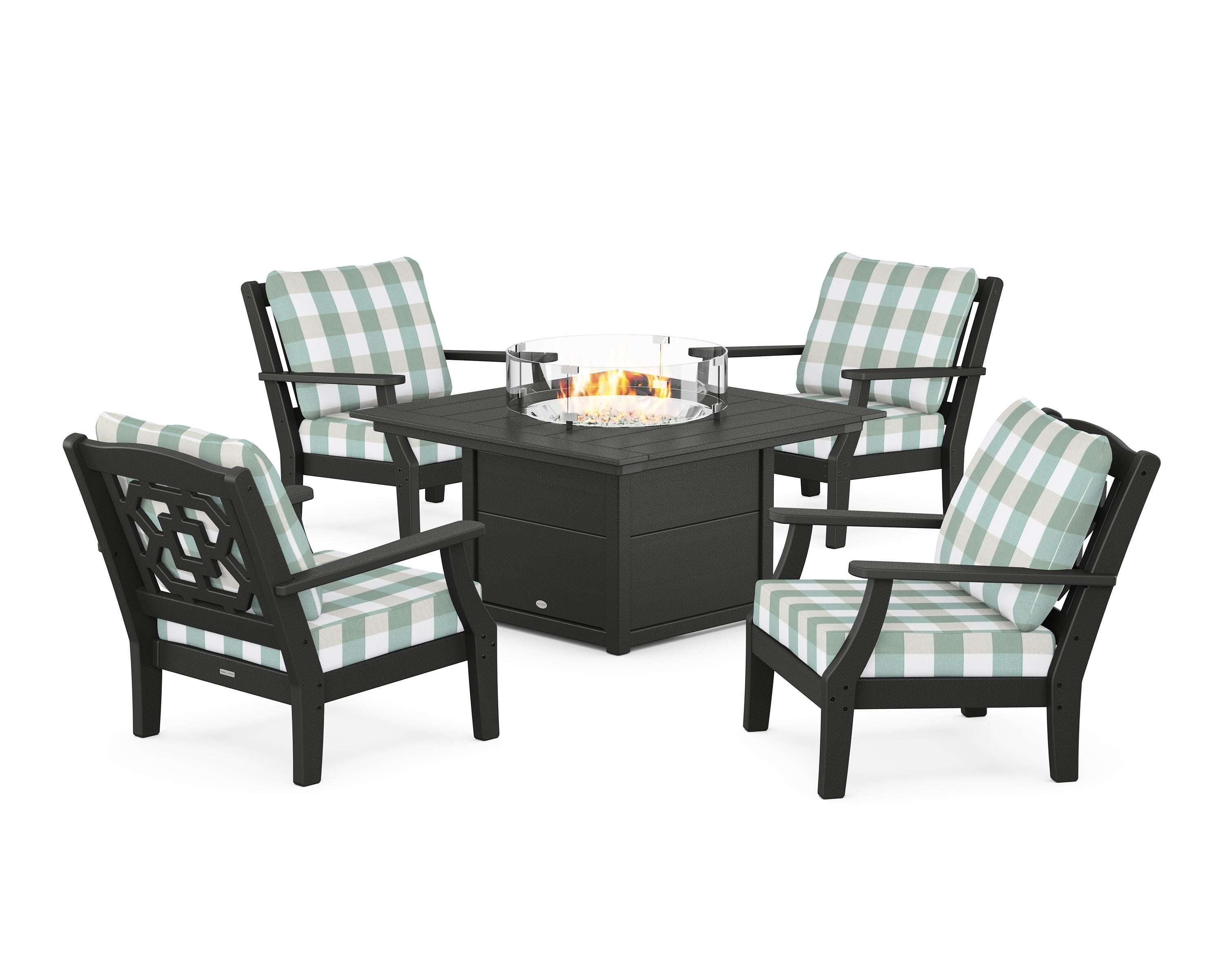 Martha Stewart by POLYWOOD® Chinoiserie 5-Piece Deep Seating Set with Fire Pit Table in Black / Buffalo Plaid Glacier Spa