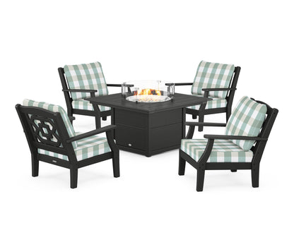 Martha Stewart by POLYWOOD® Chinoiserie 5-Piece Deep Seating Set with Fire Pit Table in Black / Buffalo Plaid Glacier Spa