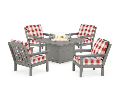 Country Living Cottage 5-Piece Deep Seating Set with Fire Pit Table in Slate Grey / Buffalo Plaid Crimson