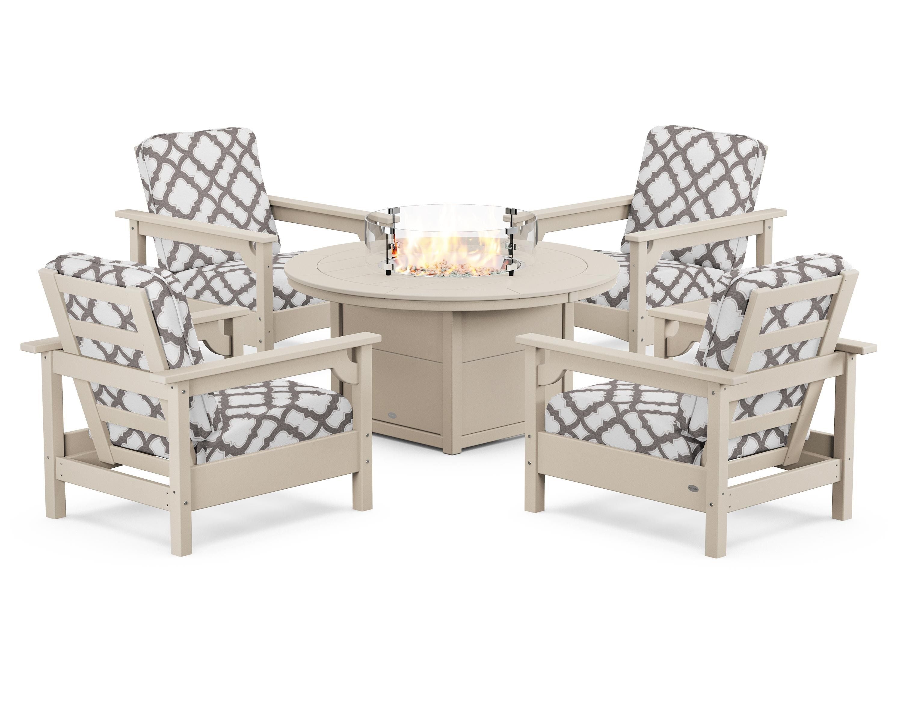 POLYWOOD® Club 5-Piece Conversation Set with Fire Pit Table in Sand / Trellis Grey Mist