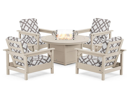 POLYWOOD® Club 5-Piece Conversation Set with Fire Pit Table in Sand / Trellis Grey Mist