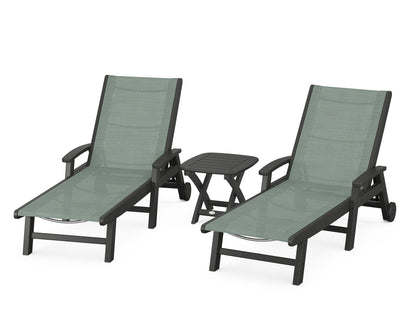 POLYWOOD® Coastal 3-Piece Wheeled Chaise Set in Black / Dupioni Sea Mist Sling