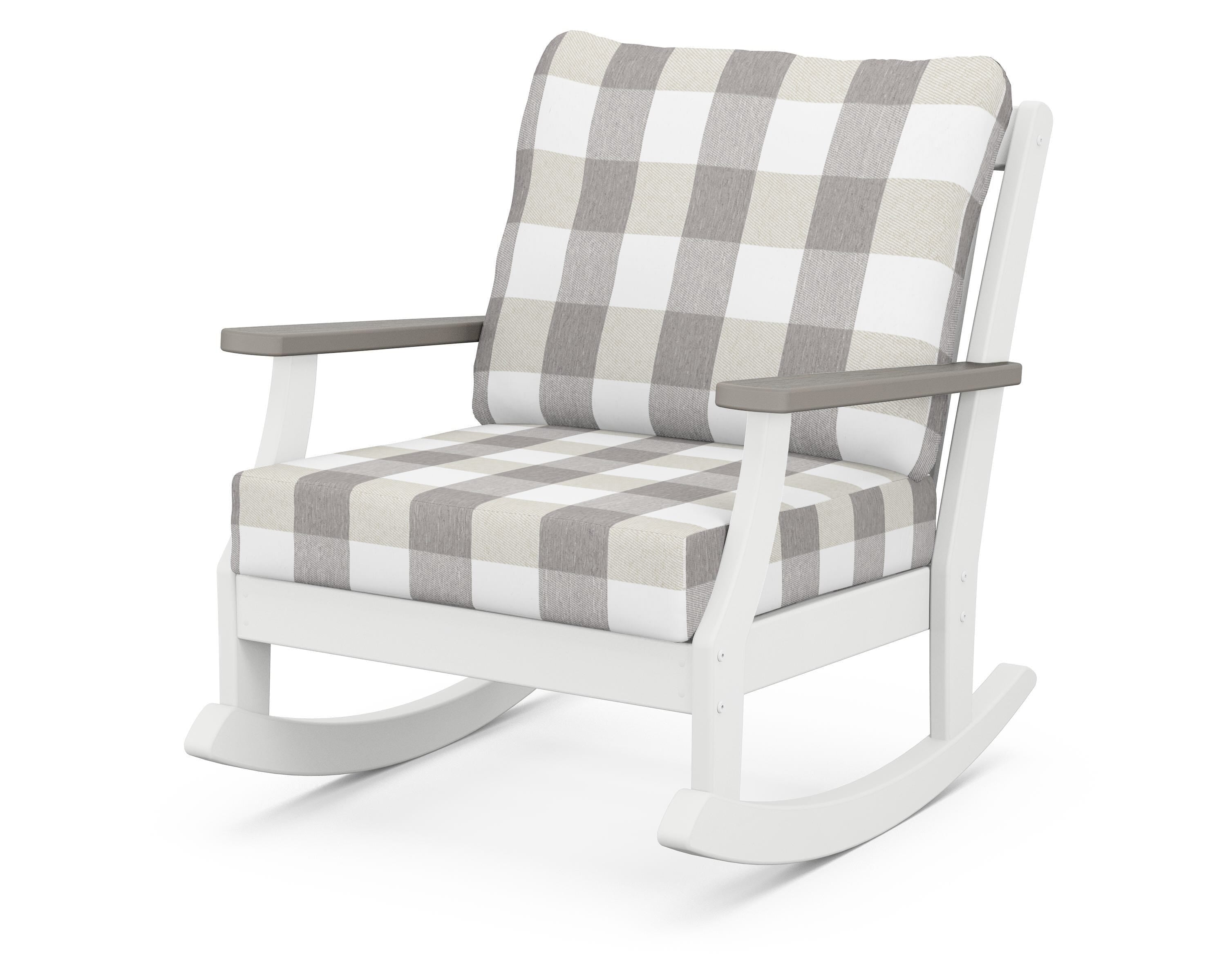 POLYWOOD® Braxton Deep Seating Rocking Chair in White / Driftwood / Buffalo Plaid Grey Mist