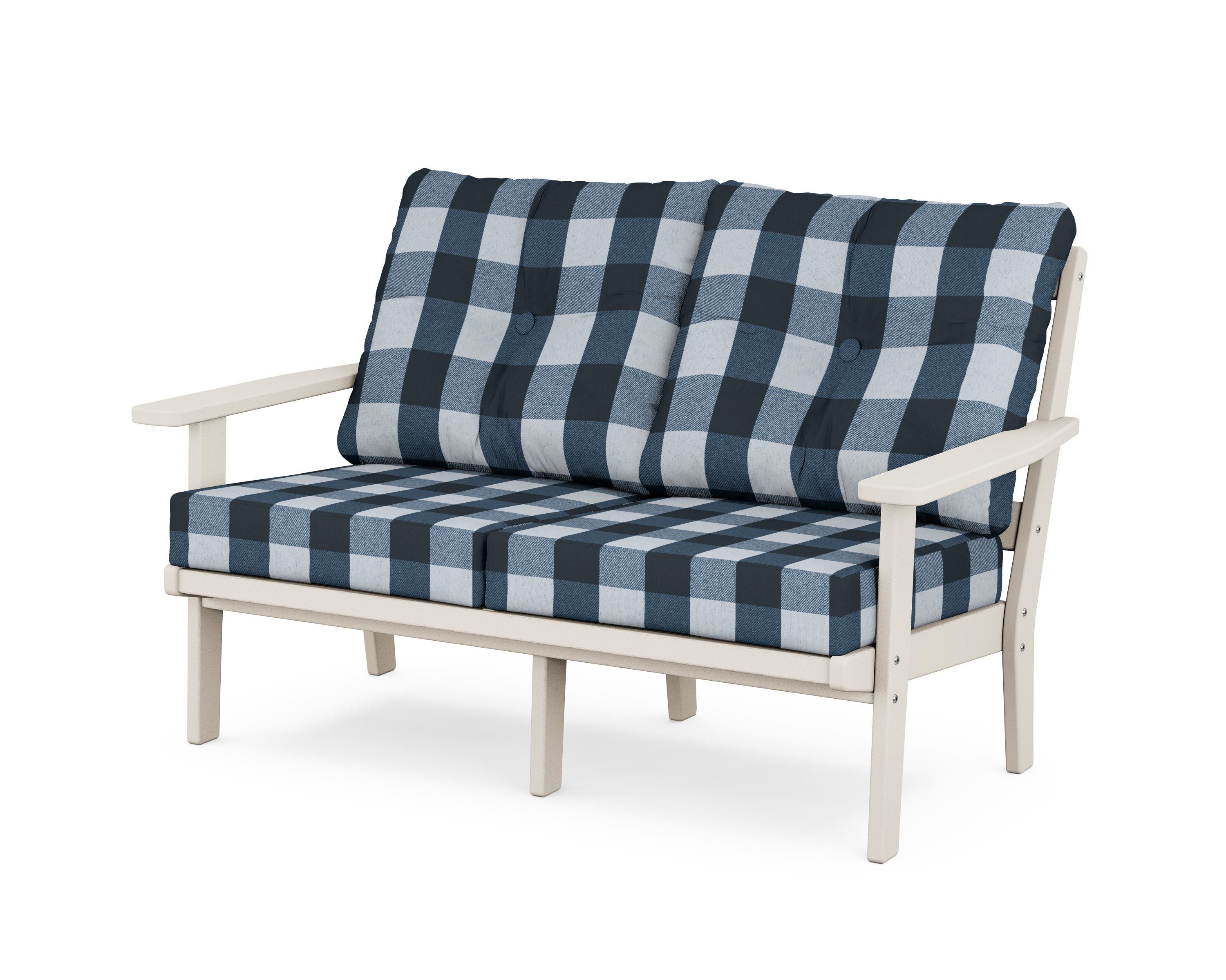 POLYWOOD® Oxford Deep Seating Loveseat in Sand / Buffalo Plaid Marine Indigo