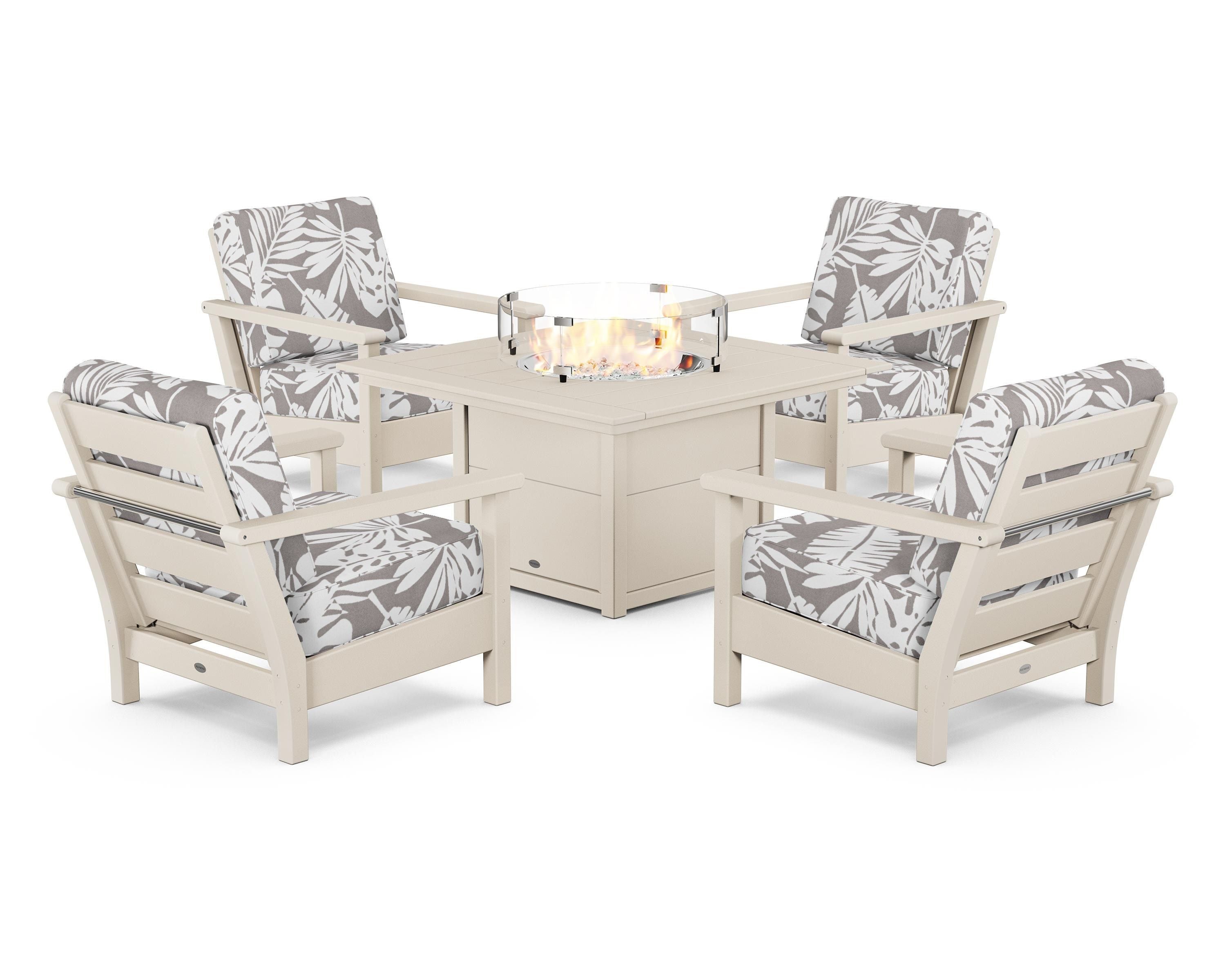 POLYWOOD® Harbour 5-Piece Conversation Set with Fire Pit Table in Sand / Leaf Grey Mist