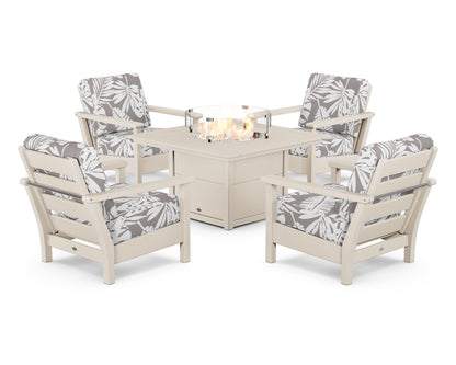 POLYWOOD® Harbour 5-Piece Conversation Set with Fire Pit Table in Sand / Leaf Grey Mist