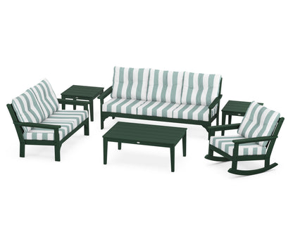 POLYWOOD® Vineyard 6-Piece Deep Seating Set in Green / Cabana Stripe Glacier Spa
