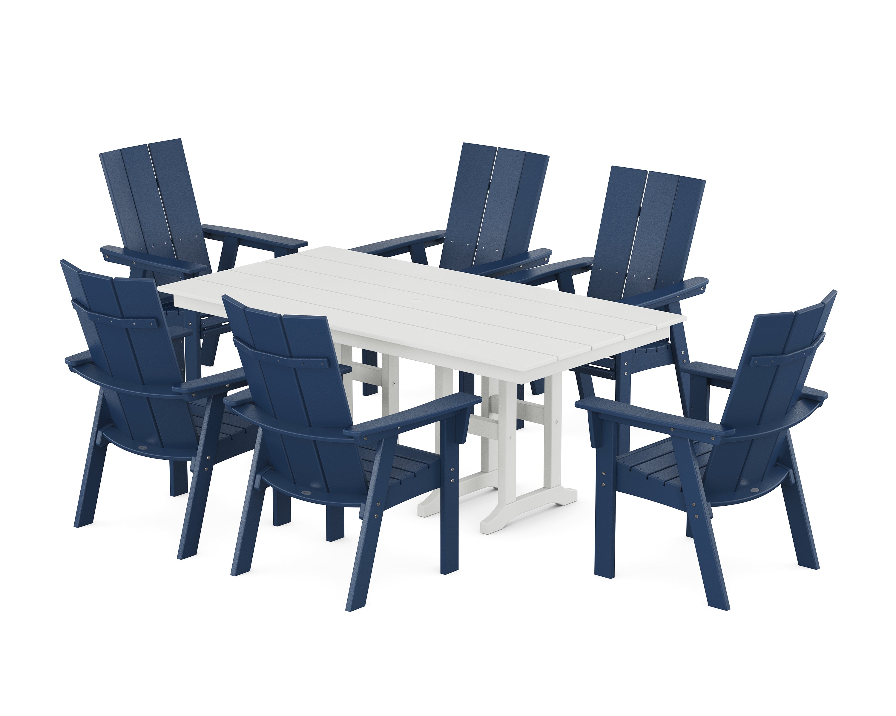 POLYWOOD® Modern Curveback Adirondack 7-Piece Farmhouse Dining Set in Navy / White