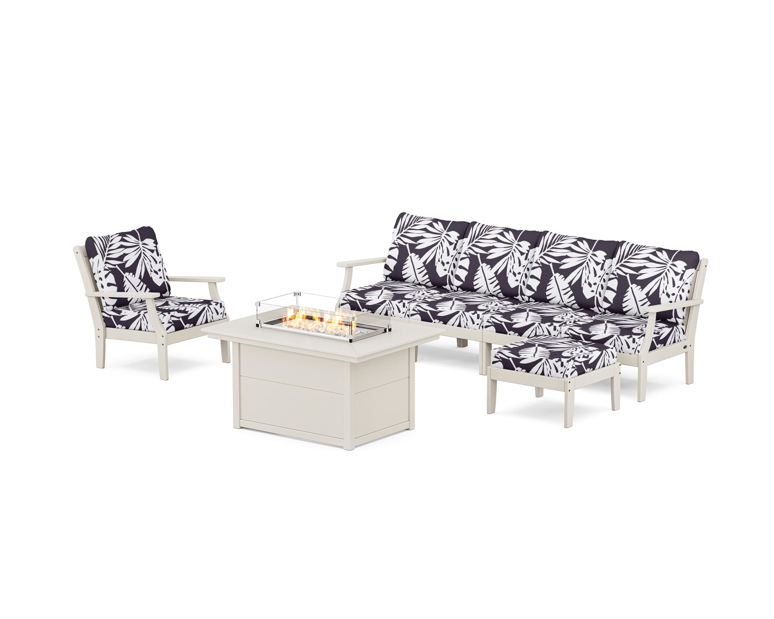 POLYWOOD® Braxton Sectional Lounge and Fire Pit Set in Sand / Leaf Navy