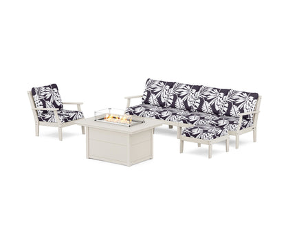 POLYWOOD® Braxton Sectional Lounge and Fire Pit Set in Sand / Leaf Navy