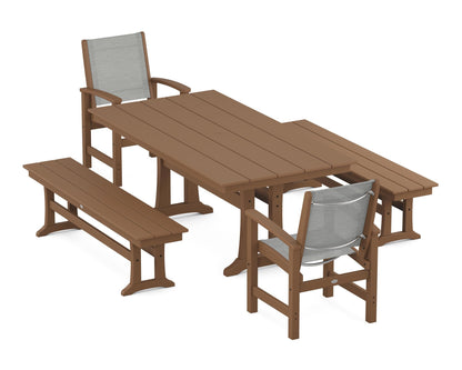 POLYWOOD® Coastal 5-Piece Farmhouse Dining Set with Trestle Legs and Benches in Teak / Metallic Sling