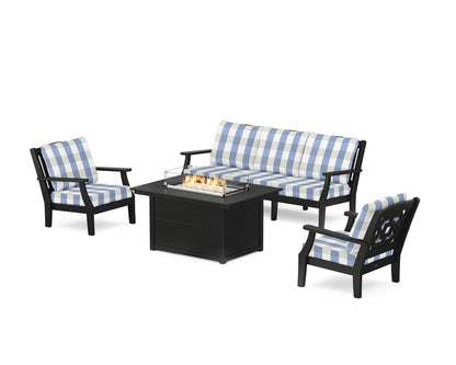 Martha Stewart by POLYWOOD® Chinoiserie Deep Seating Fire Pit Table Set in Black / Buffalo Plaid Sky Blue