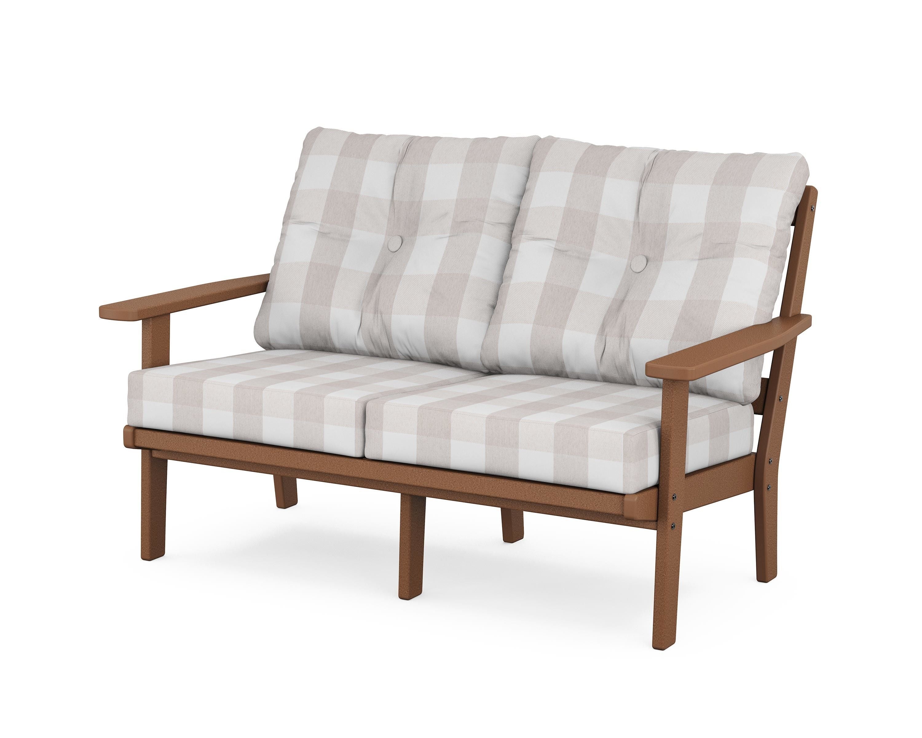 POLYWOOD® Prairie Deep Seating Loveseat in Teak / Buffalo Plaid Dune Burlap