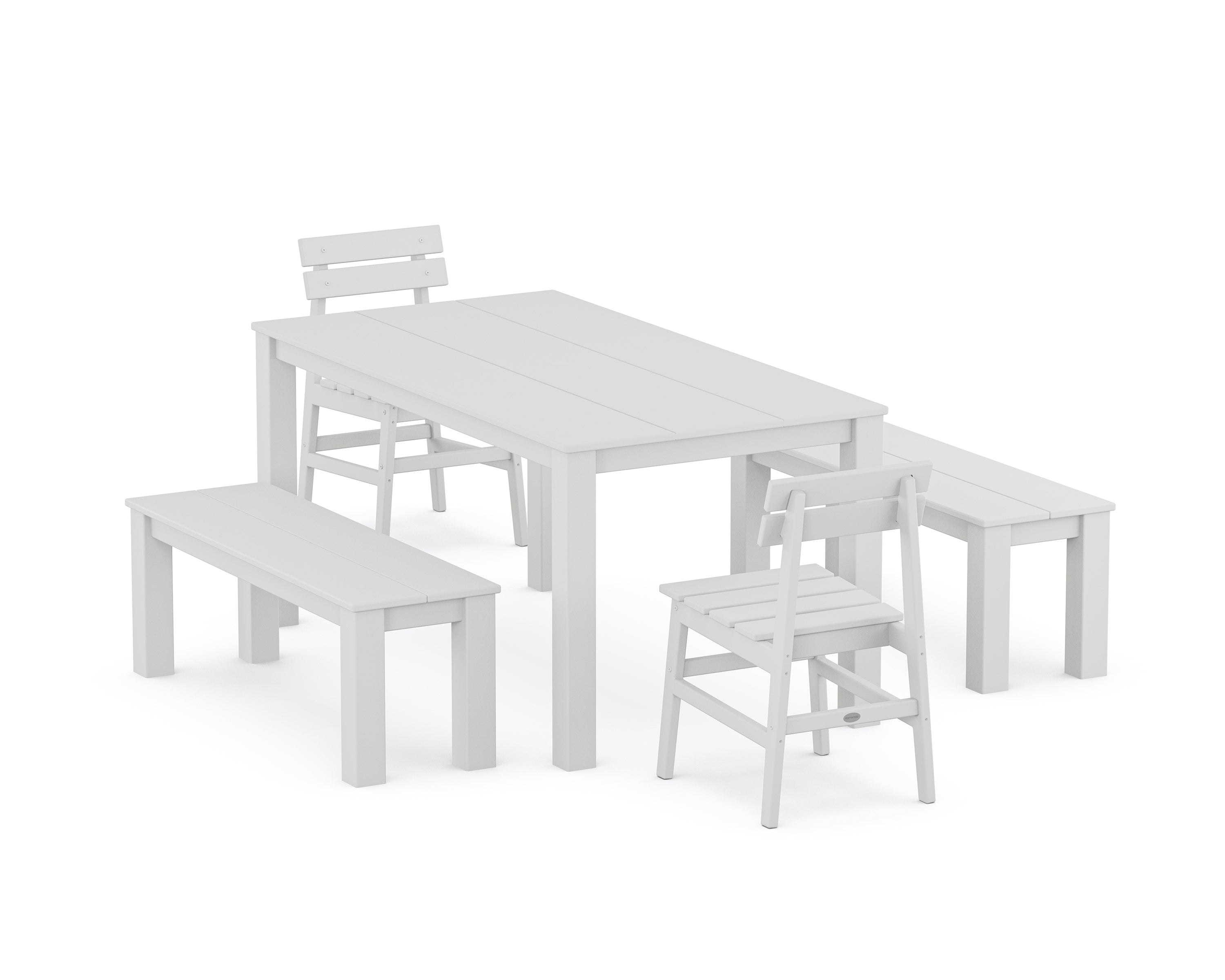 POLYWOOD® Modern Studio Plaza Chair 5-Piece Parsons Dining Set with Benches in White
