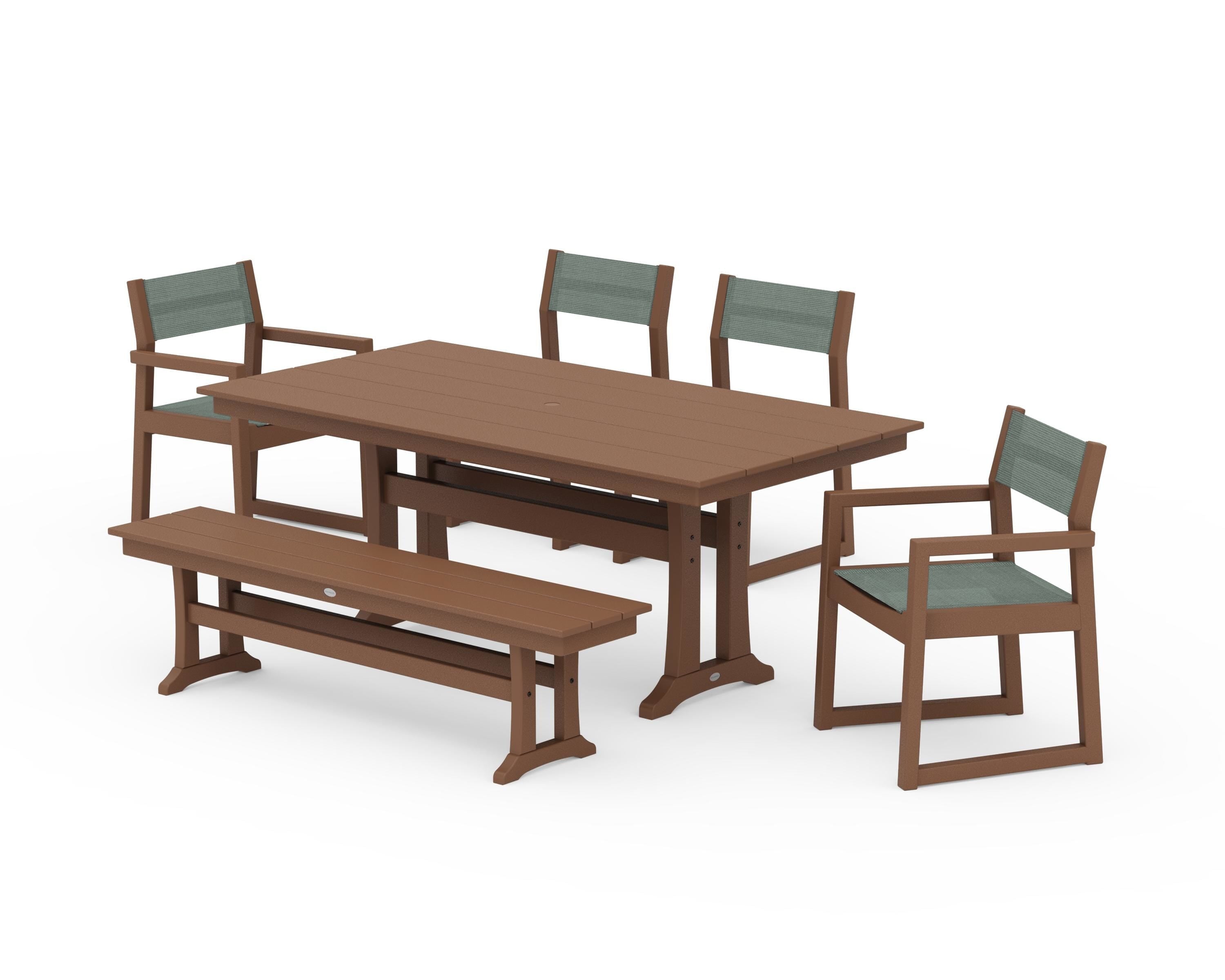 POLYWOOD® EDGE Sling 6-Piece Farmhouse Dining Set With Trestle Legs in Teak / Dupioni Sea Mist Sling