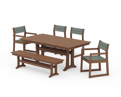 POLYWOOD® EDGE Sling 6-Piece Farmhouse Dining Set With Trestle Legs in Teak / Dupioni Sea Mist Sling