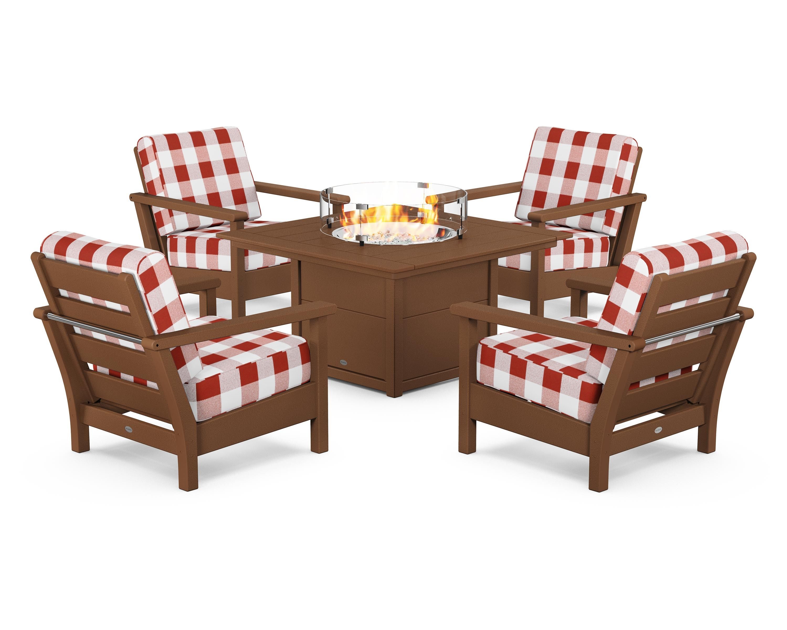 POLYWOOD® Harbour 5-Piece Conversation Set with Fire Pit Table in Teak / Buffalo Plaid Crimson