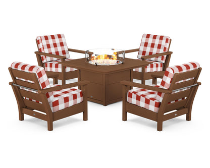 POLYWOOD® Harbour 5-Piece Conversation Set with Fire Pit Table in Teak / Buffalo Plaid Crimson