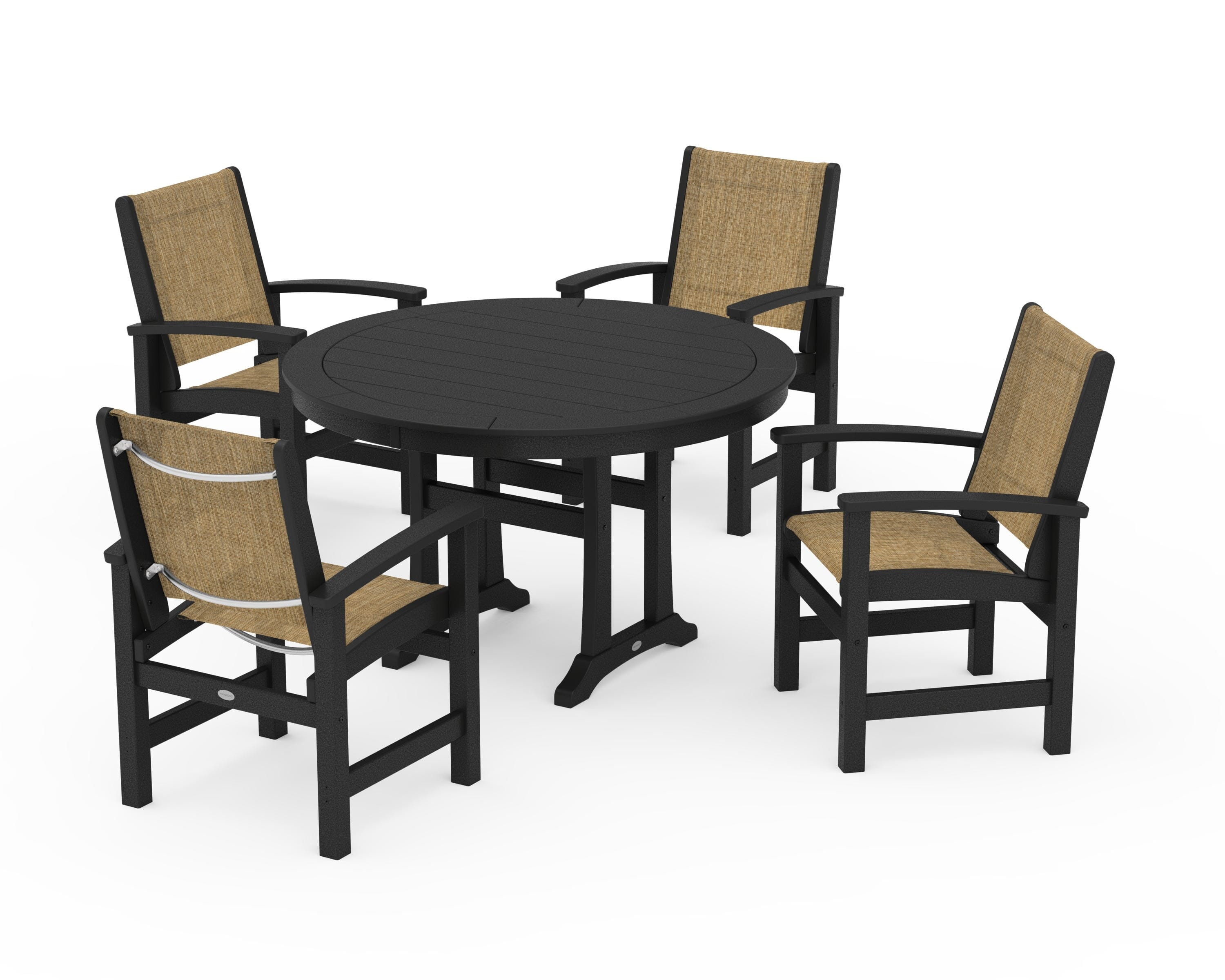 POLYWOOD® Coastal 5-Piece Round Dining Set with Trestle Legs in Black / Burlap Sling