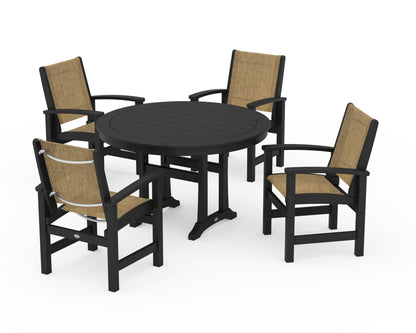 POLYWOOD® Coastal 5-Piece Round Dining Set with Trestle Legs in Black / Burlap Sling