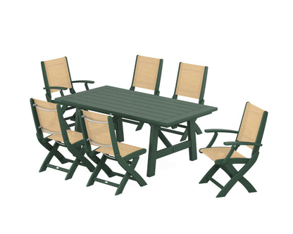 POLYWOOD® Coastal Folding Chair 7-Piece Rustic Farmhouse Dining Set in Green / Dupioni Apricot Sling