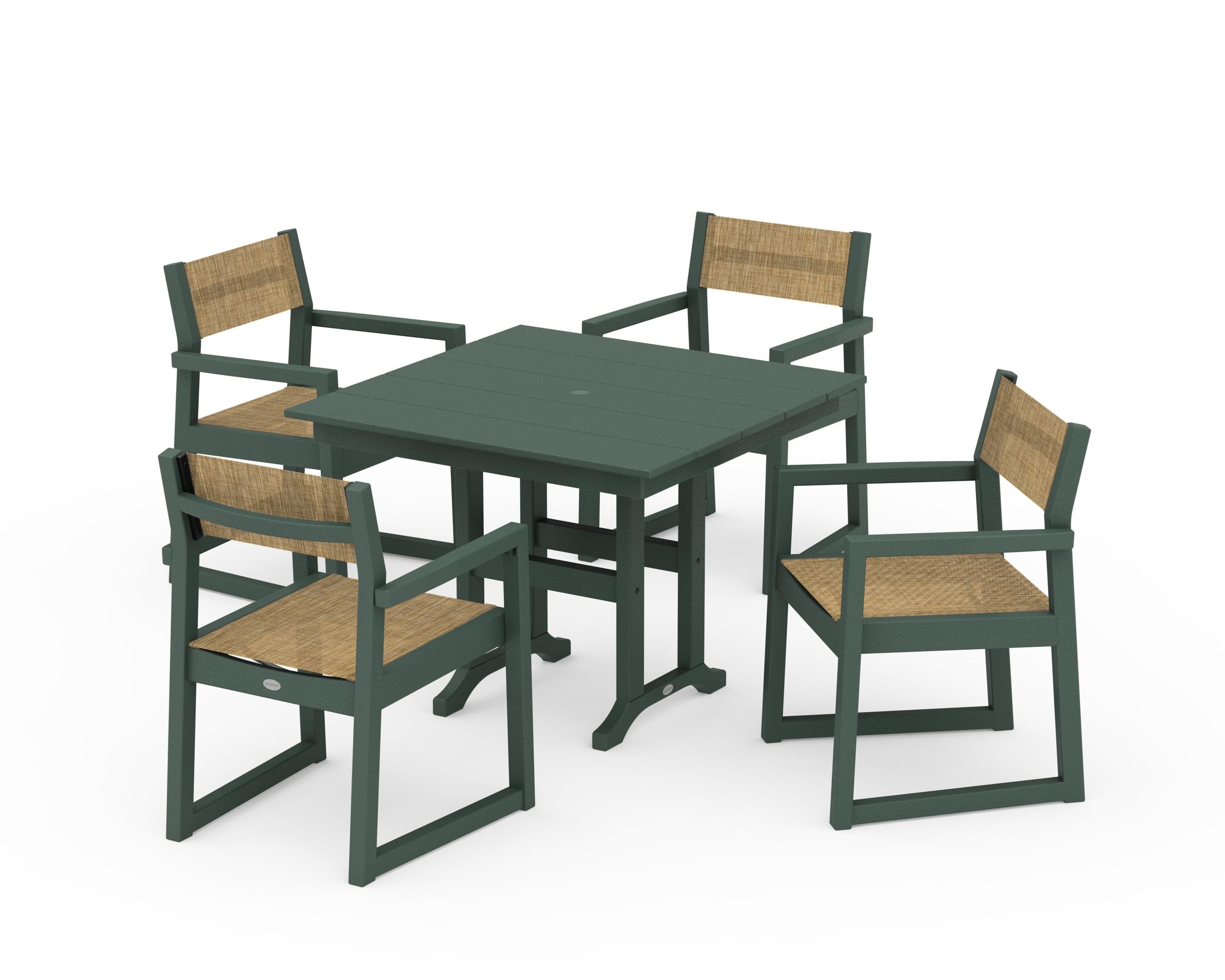 POLYWOOD® EDGE Sling Arm Chair 5-Piece Farmhouse Dining Set in Green / Burlap Sling