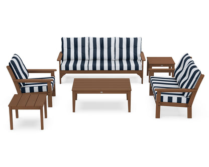 POLYWOOD® Vineyard 6-Piece Deep Seating Set in Teak / Cabana Stripe Marine Indigo