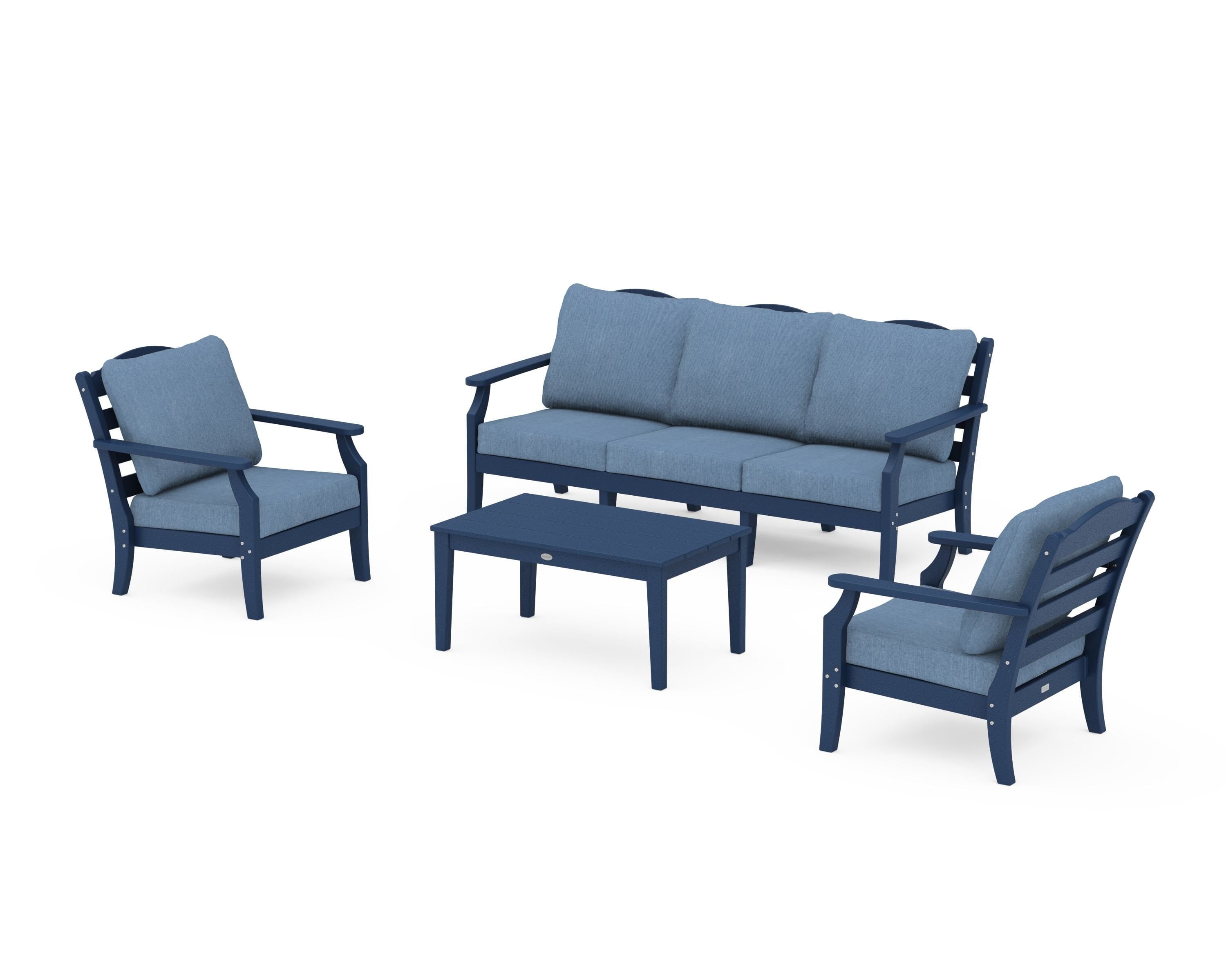 Draper James™ by  POLYWOOD® Savannah 4-Piece Deep Seating Set with Sofa in Navy / Sky Blue
