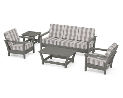 POLYWOOD® Harbour 5-Piece Deep Seating Set in Slate Grey / Buffalo Plaid Grey Mist