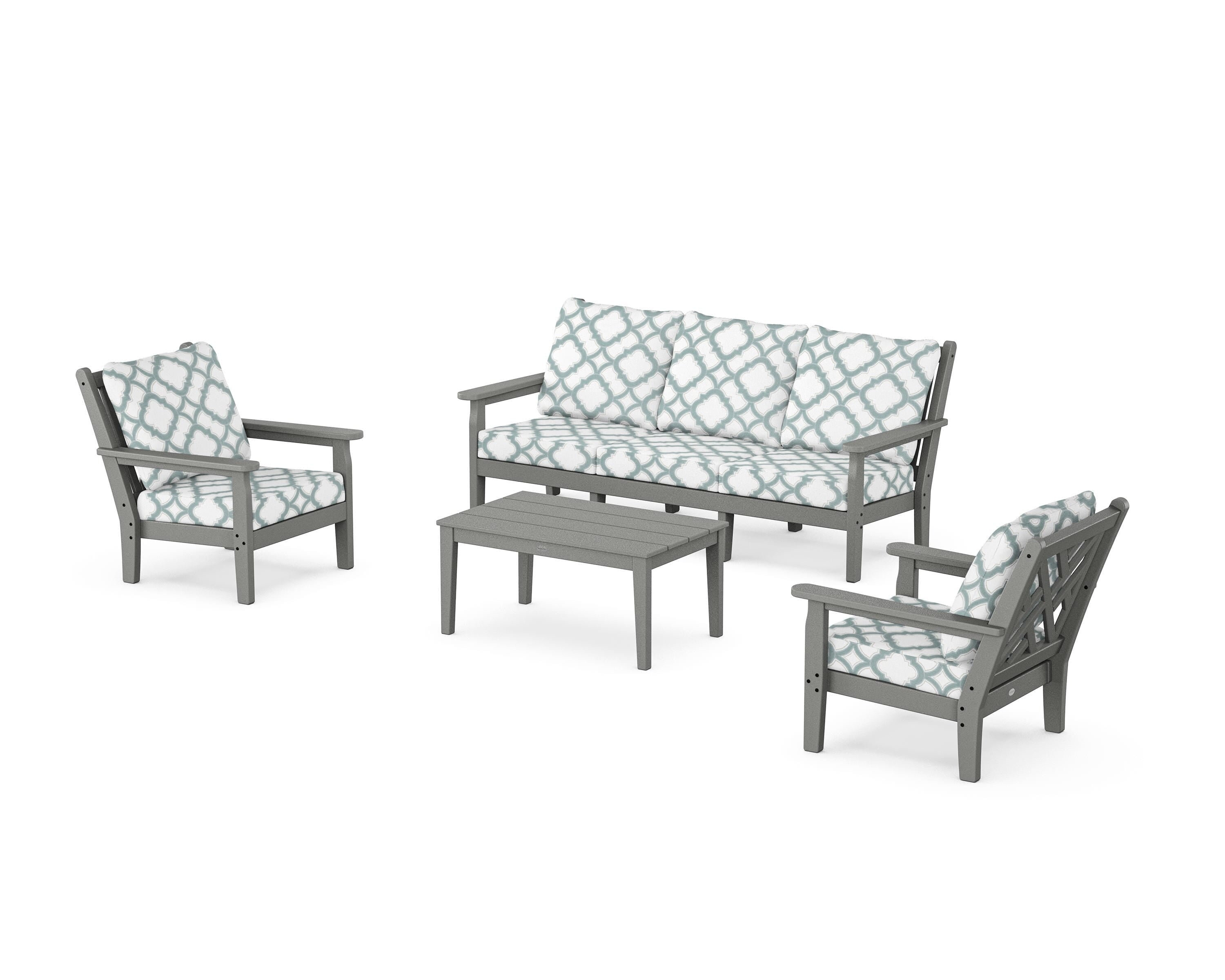 POLYWOOD® Chippendale 4-Piece Deep Seating Set with Sofa in Slate Grey / Trellis Glacier Spa