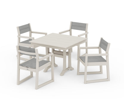 POLYWOOD® EDGE Sling 5-Piece Farmhouse Dining Set with Trestle Legs in Sand / Metallic Sling