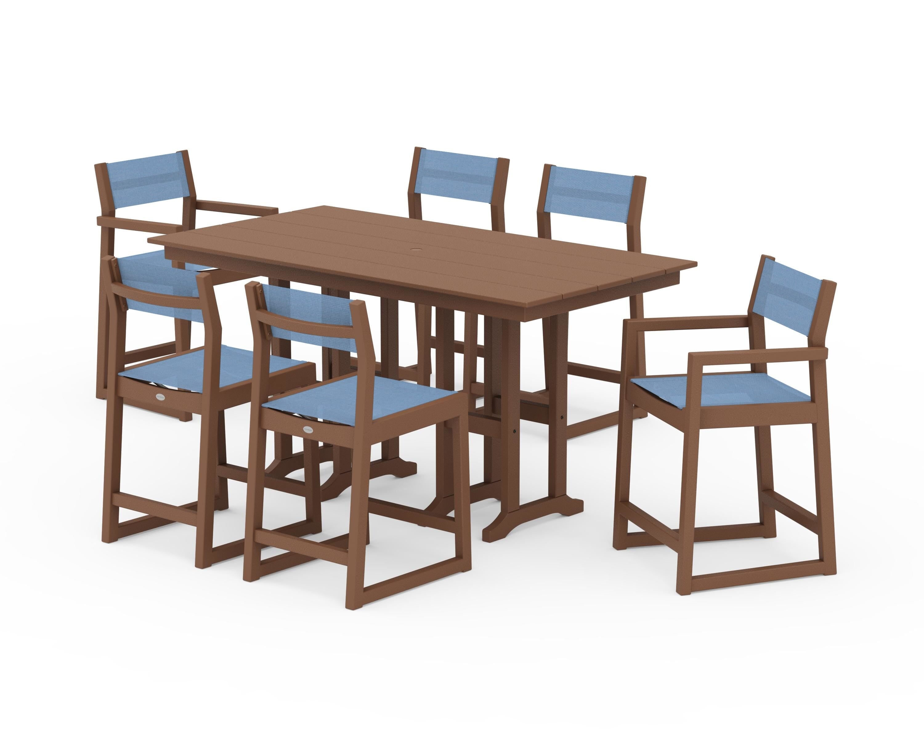 POLYWOOD® EDGE Sling 7-Piece Farmhouse Counter Set with Trestle Legs in Teak / Poolside Sling