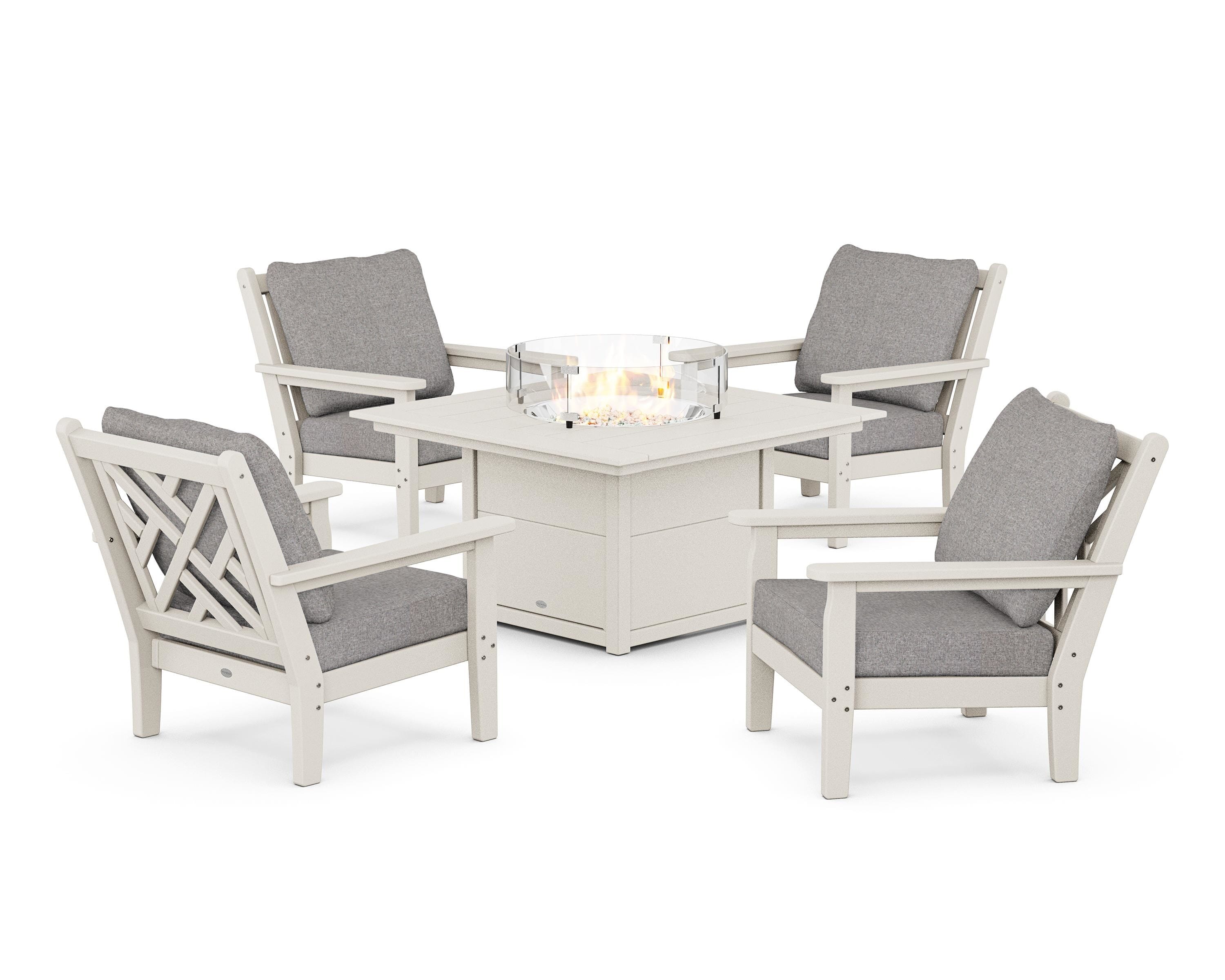 POLYWOOD® Chippendale 5-Piece Deep Seating Set with Fire Pit Table in Sand / Grey Mist