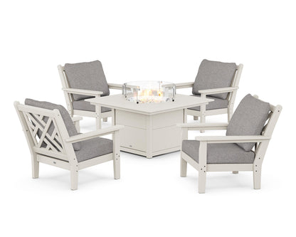 POLYWOOD® Chippendale 5-Piece Deep Seating Set with Fire Pit Table in Sand / Grey Mist
