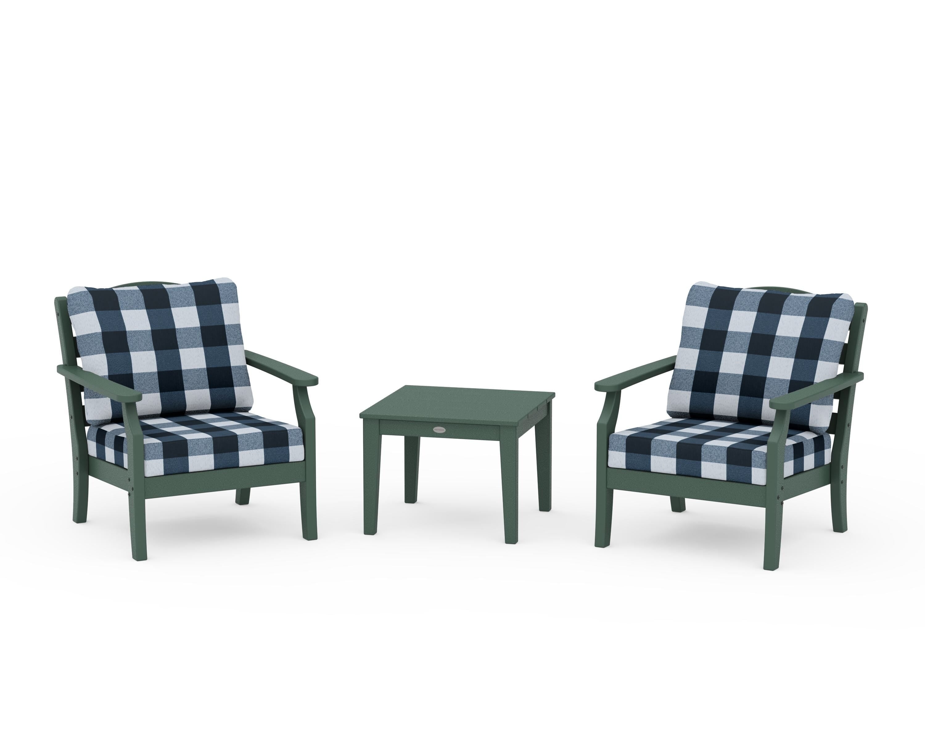 Draper James™ by  POLYWOOD® Savannah 3-Piece Deep Seating Set in Green / Buffalo Plaid Marine Indigo