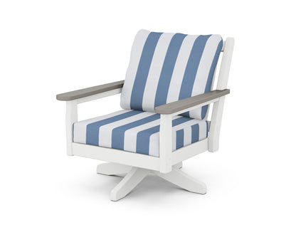 POLYWOOD® Chippendale Deep Seating Swivel Chair in White / Driftwood / Cabana Stripe Sky Blue
