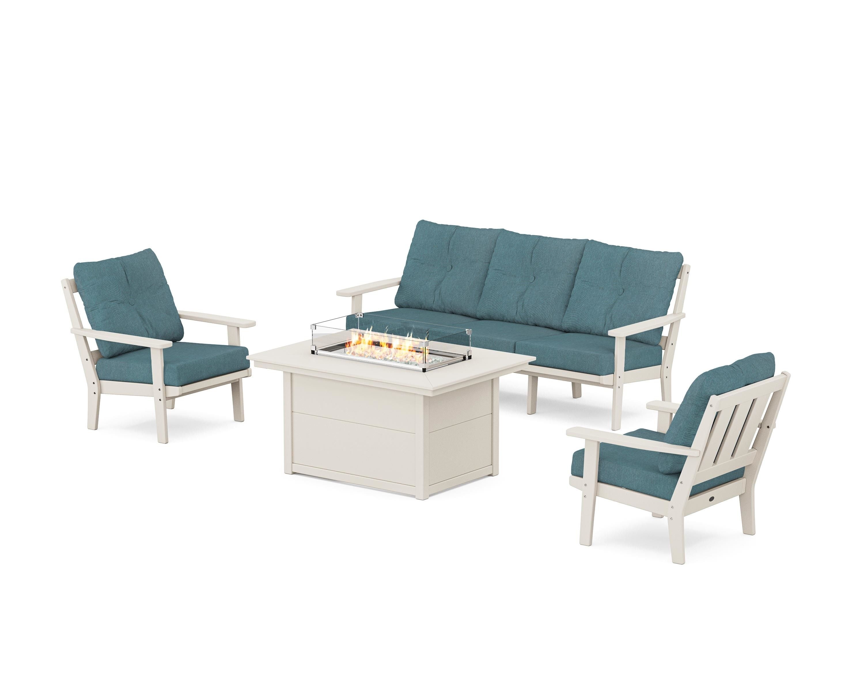 POLYWOOD® Oxford Deep Seating Fire Pit Table Set in Sand / Ocean Teal