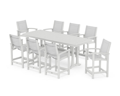 POLYWOOD® Coastal 9-Piece Counter Set with Trestle Legs in White / White Sling