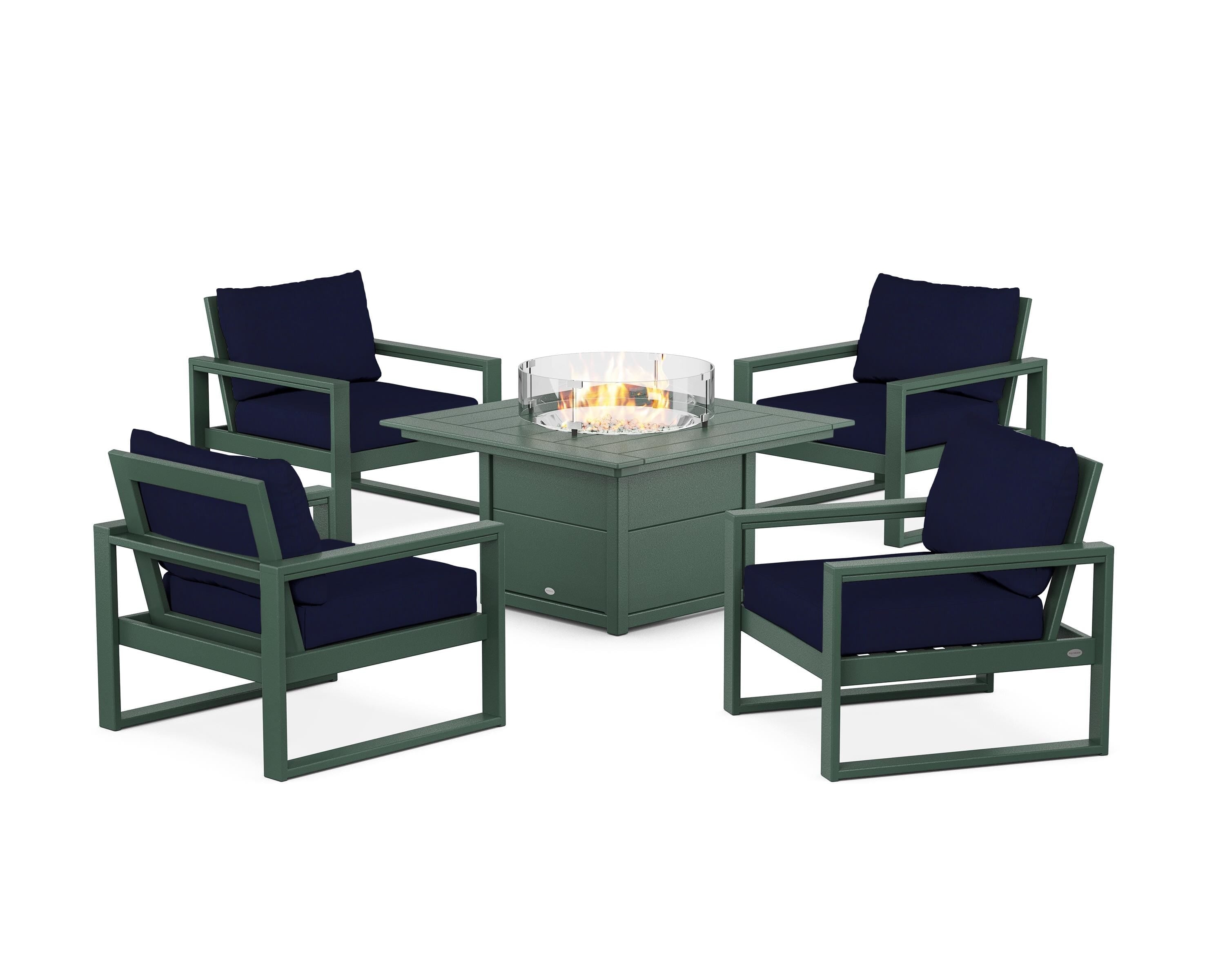 POLYWOOD® EDGE Sectional 5-Piece Deep Seating Set with Fire Pit Table in Green / Navy