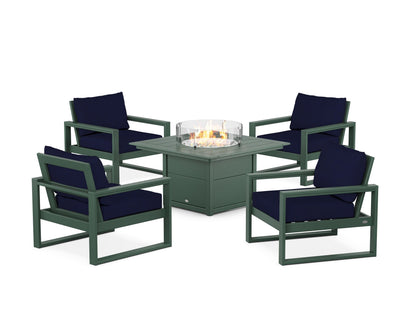 POLYWOOD® EDGE Sectional 5-Piece Deep Seating Set with Fire Pit Table in Green / Navy