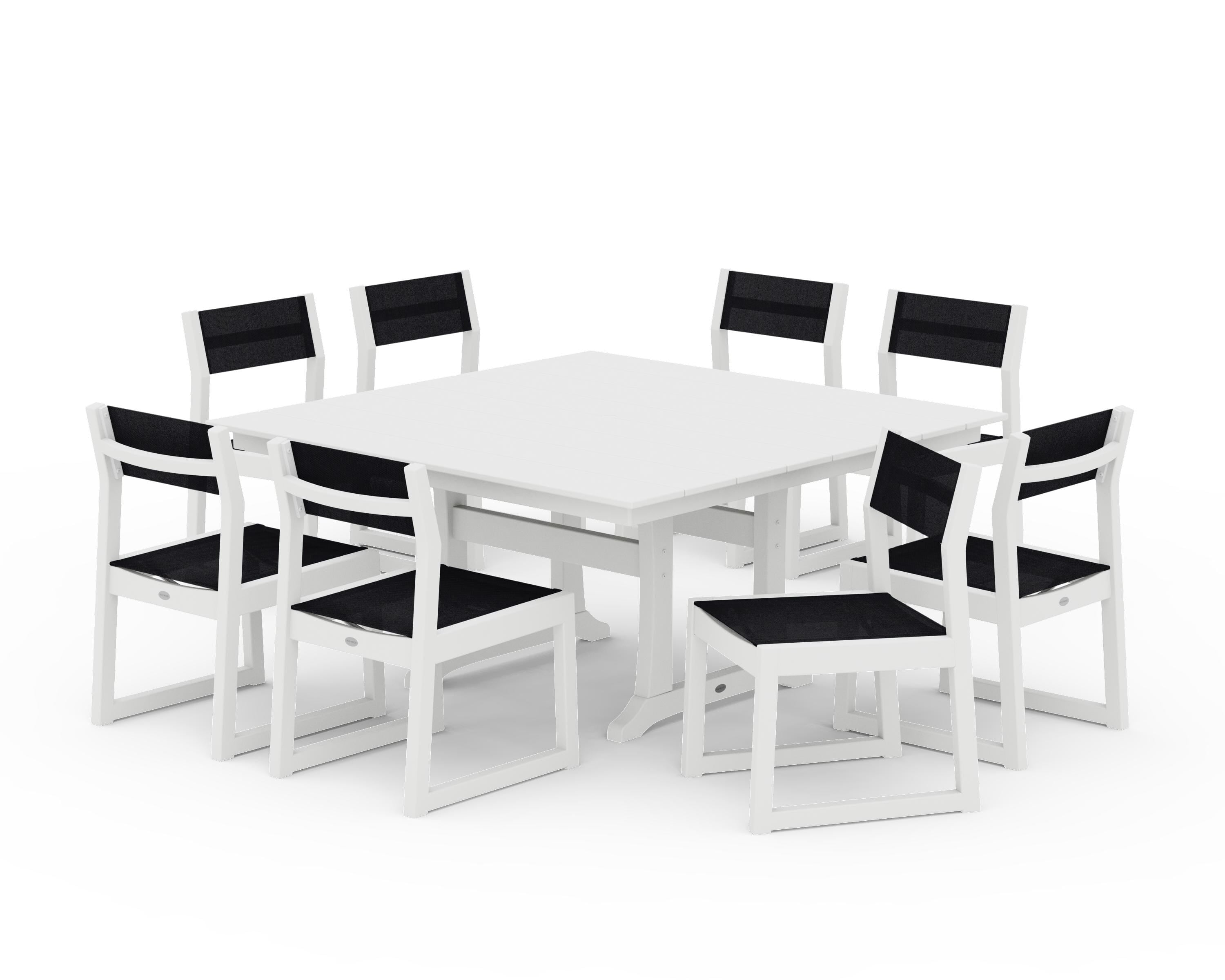 POLYWOOD® EDGE Sling Side Chair 9-Piece Farmhouse Trestle Dining Set in White / Black Sling